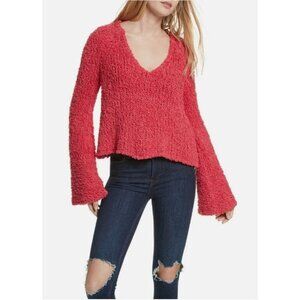 FREE PEOPLE Pink Sand Dune Bell Sleeve Cotton Blend V-neck Sweater